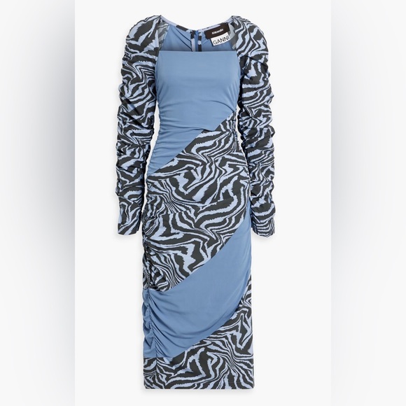 Ahluwalia X Ganni Collab Midi Dress Blue Ruched Animal Print Zebra Stripes 44 XL